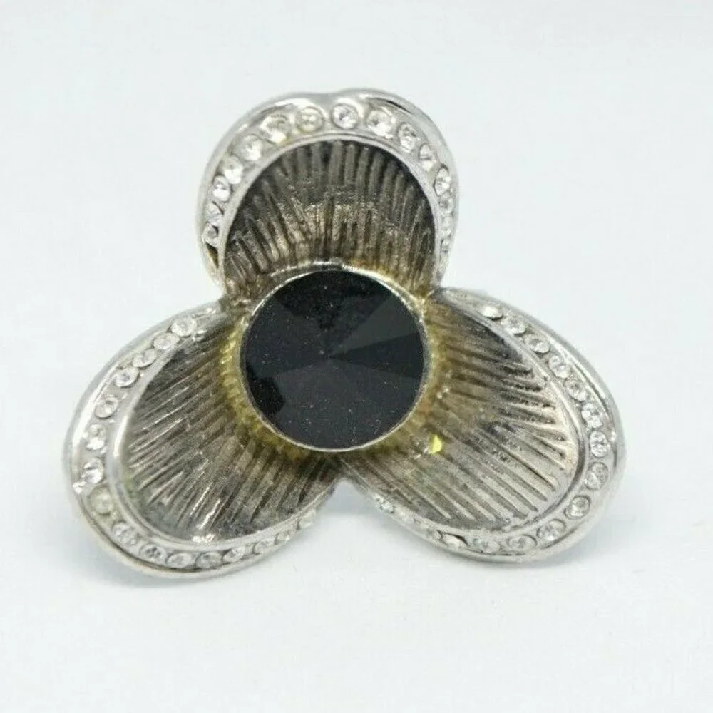 Clear Black Glass Rhinestone 3D Flower Silver Tone